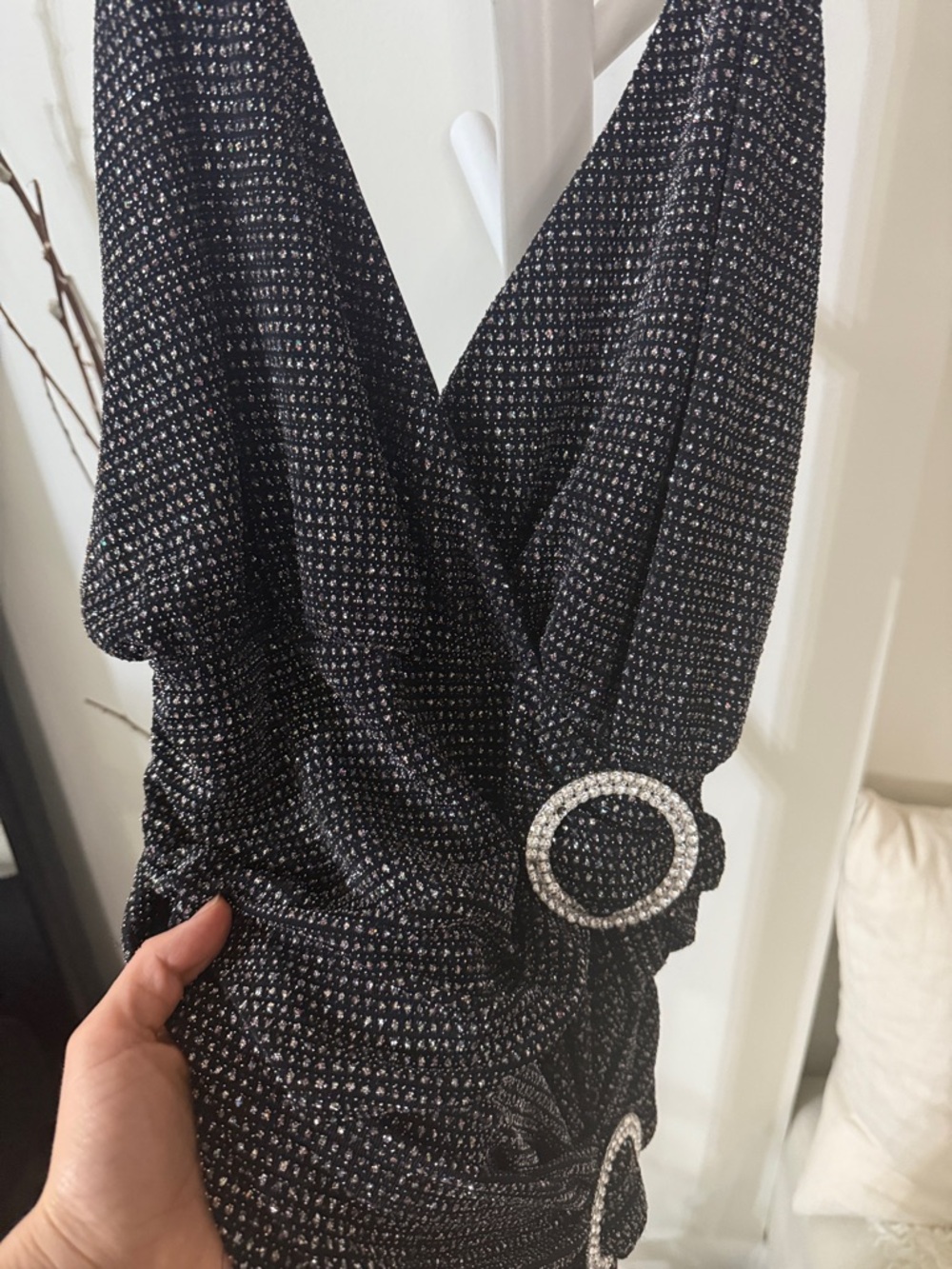 For Love & Lemons Margaux Glitter Dress in Metallic Black Asymmetric - Picture 8 of 11